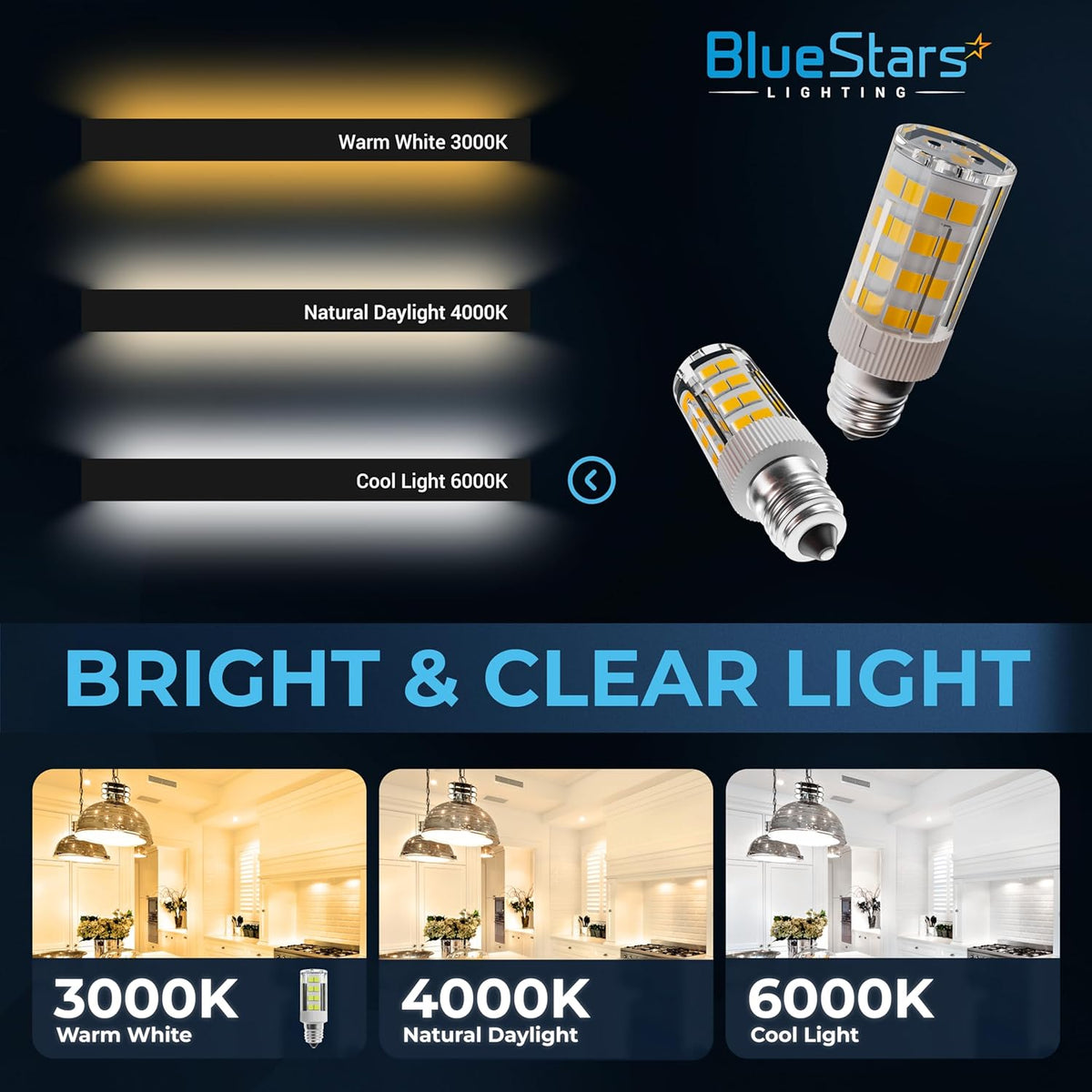 Comparison chart showing WE05X20431 LED dryer drum light bulbs with 3000K, 4000K, and 6000K color temperature options.