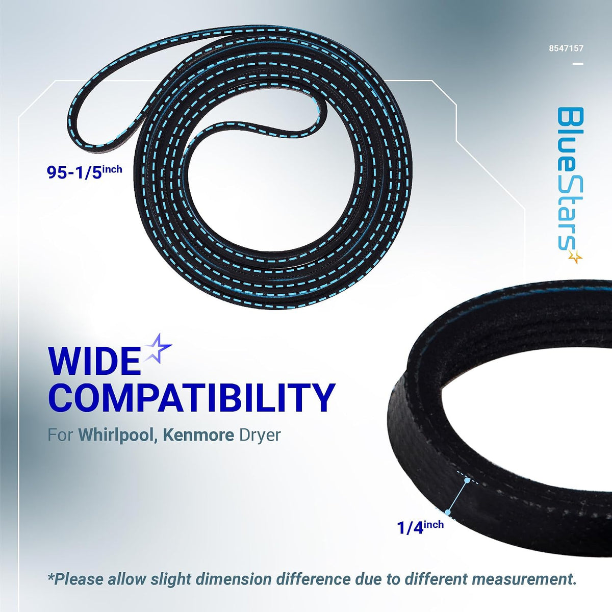8547157 Dryer Drum Belt coiled with 95-1/5-inch length and 1/4-inch width callouts; compatibility graphic