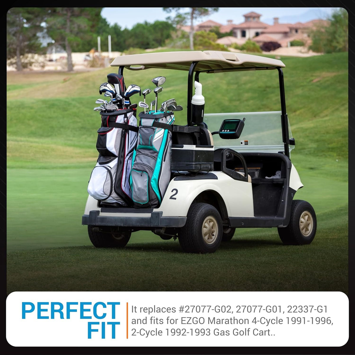 Golf cart on a course with text overlay detailing compatibility for drive belt replacement 27077.