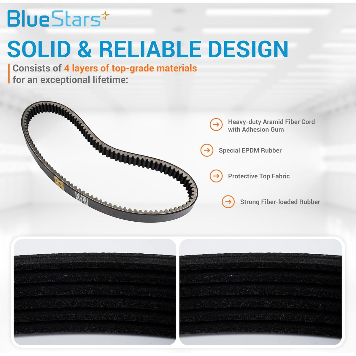 Infographic showing the 4-layer construction of a golf cart drive belt replacement for 27077.