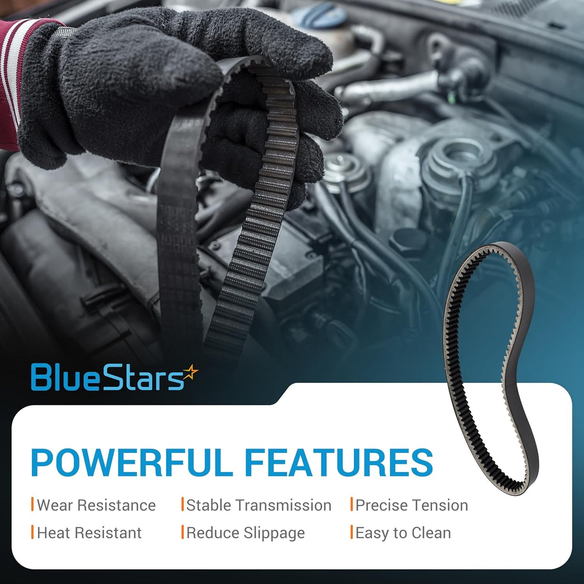 Gloved hand holding a black golf cart drive belt replacement for 27077 with a detailed view of the ribbed design.