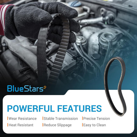 Gloved hand holding a black golf cart drive belt replacement for 27077 with a detailed view of the ribbed design.