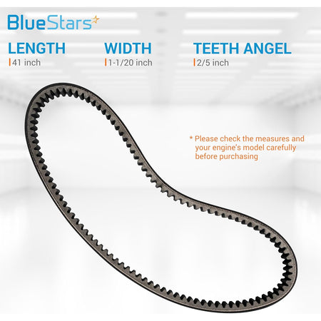 Golf cart drive belt replacement 27077 showing dimensions for length, width, and teeth angle.