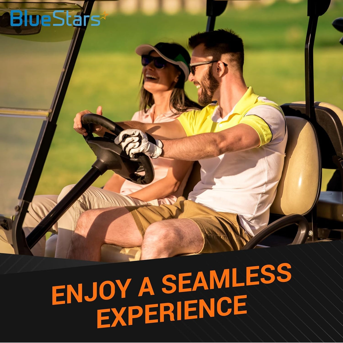Happy couple driving a golf cart, representing the seamless experience provided by our replacement drive belt 27077.