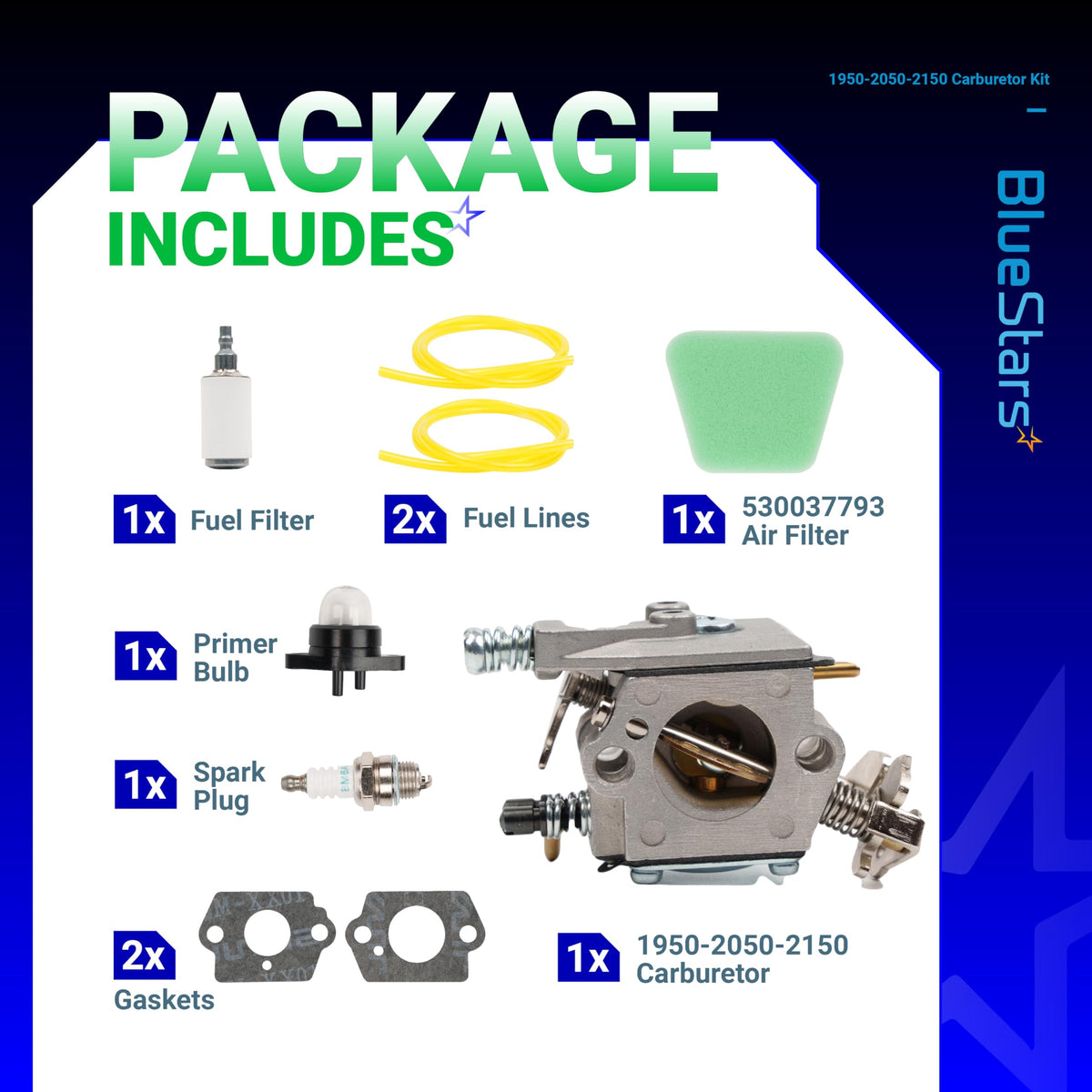 Poulan carburetor tune-up kit components including carburetor, air filter, fuel lines, spark plug, and gaskets.