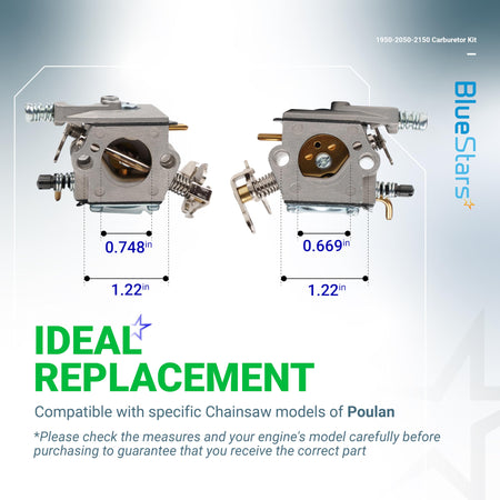 Two Poulan chainsaw carburetors shown with dimension measurements for 1950, 2050, and 2150 series models.
