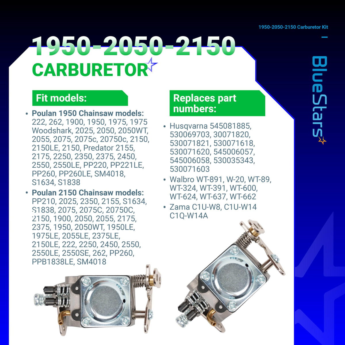Informational chart for 1950 2050 2150 chainsaw carburetor showing compatibility and replacement part numbers.
