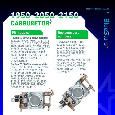 Informational chart for 1950 2050 2150 chainsaw carburetor showing compatibility and replacement part numbers.