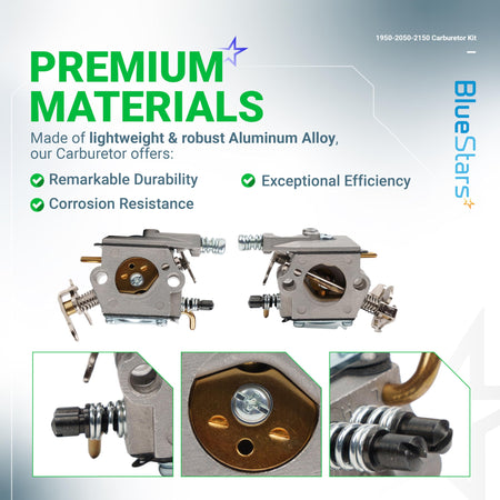 Aluminum alloy carburetor for Poulan 1950, 2050, and 2150 chainsaws, showing multiple angles and close-up details.