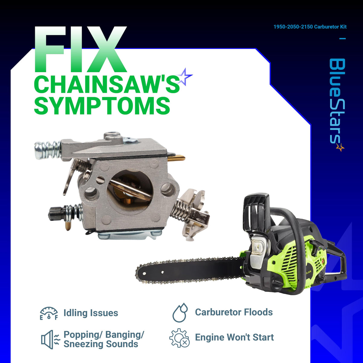 Replacement carburetor for Poulan 1950, 2050, and 2150 chainsaws shown with a chainsaw and troubleshooting icons.