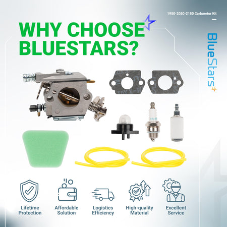 Carburetor tune-up kit for Poulan chainsaws including carburetor, air filter, spark plug, fuel lines, and gaskets.