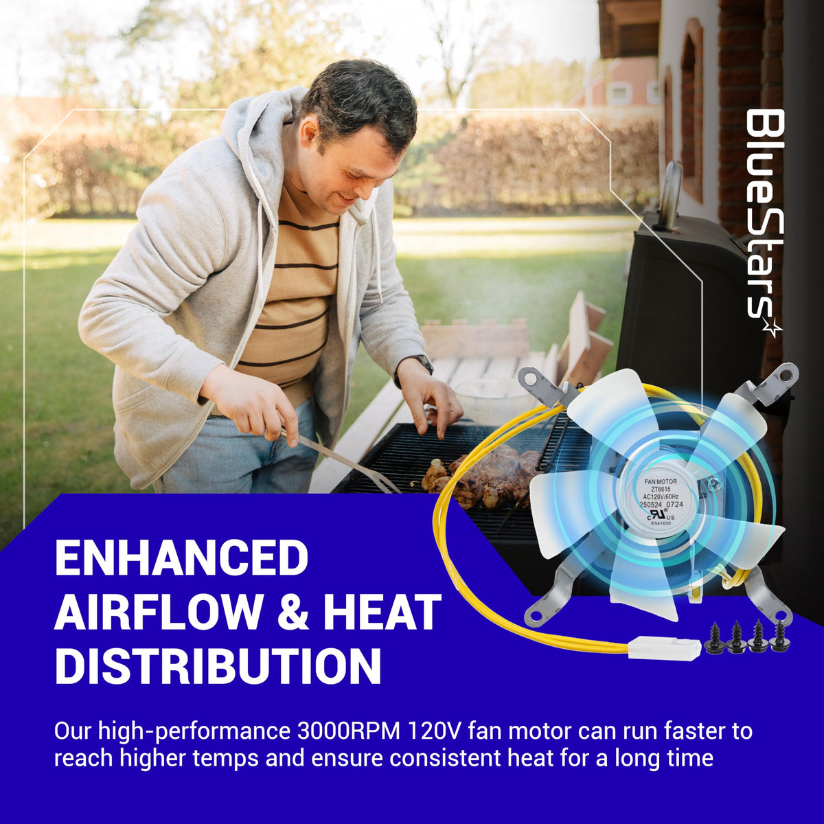 3000RPM grill induction combustion fan replacement kit with mounting hardware for improved airflow and heat distribution.
