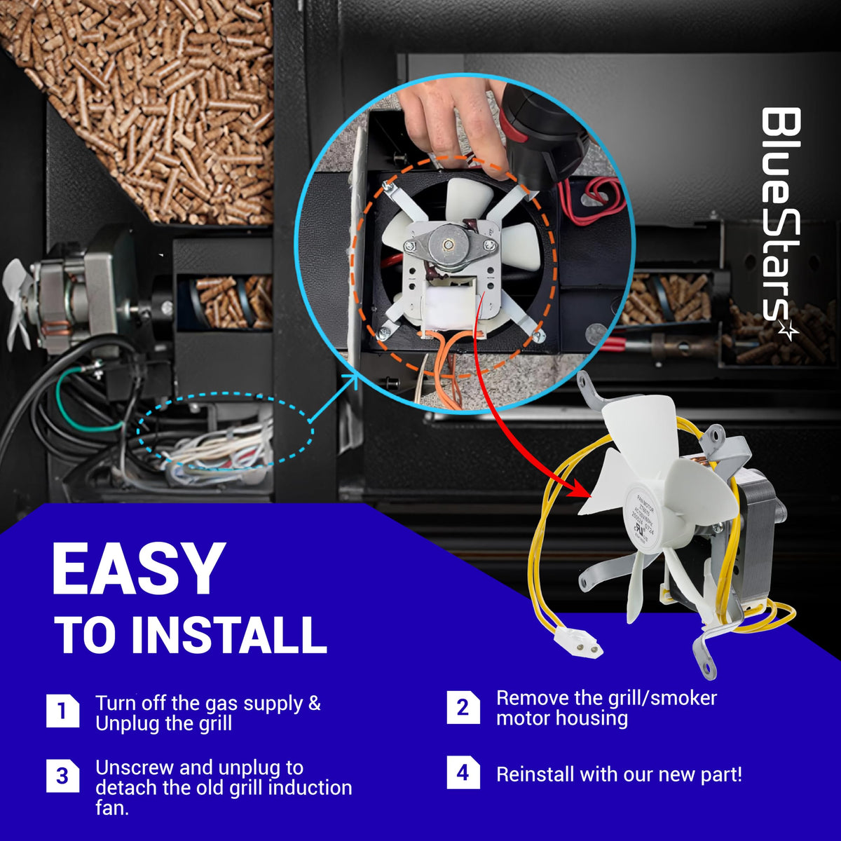 Installation guide for IFRP01 grill induction fan kit showing step-by-step replacement process.
