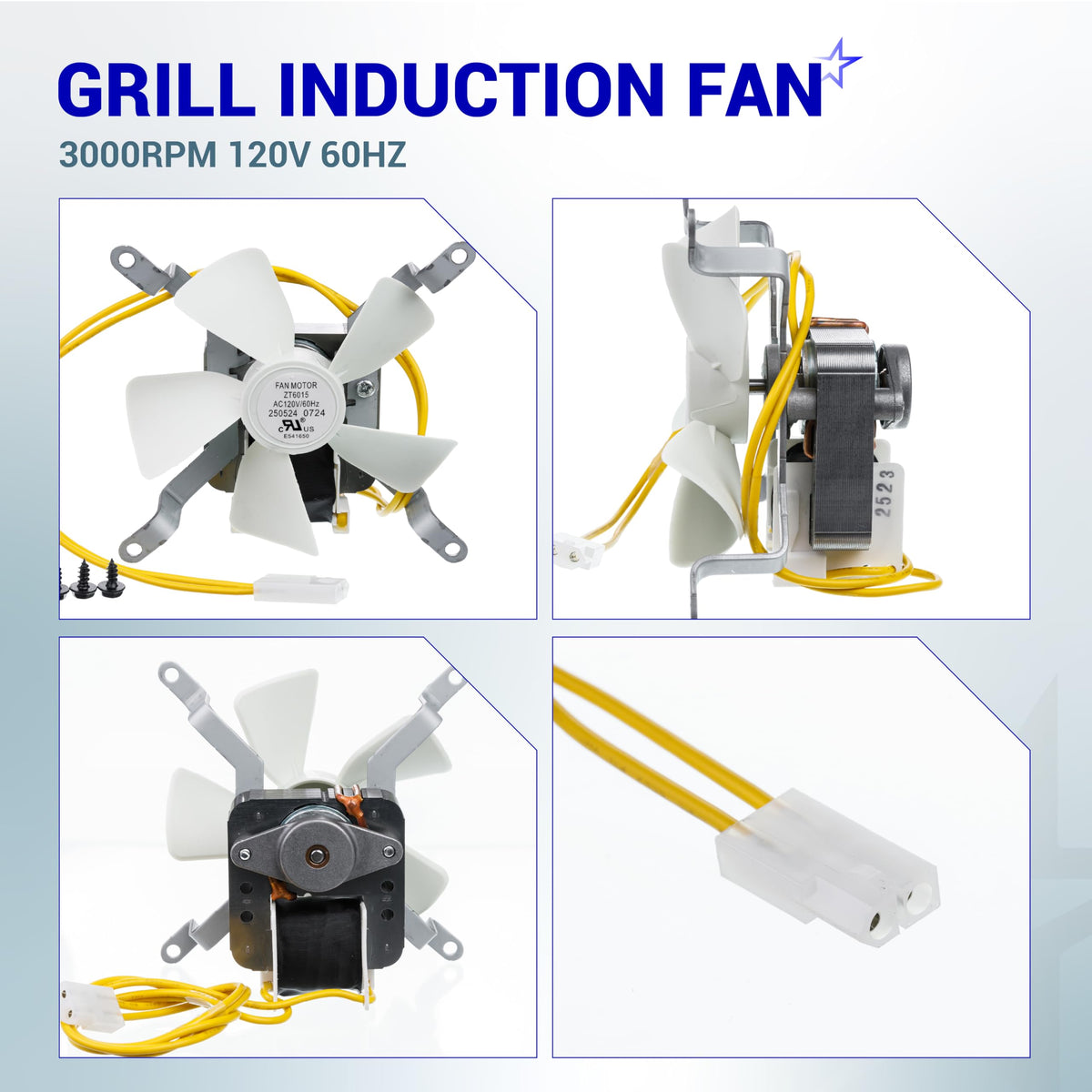 Multi-angle view of 3000RPM grill induction combustion fan kit with 120V motor and wiring connector.