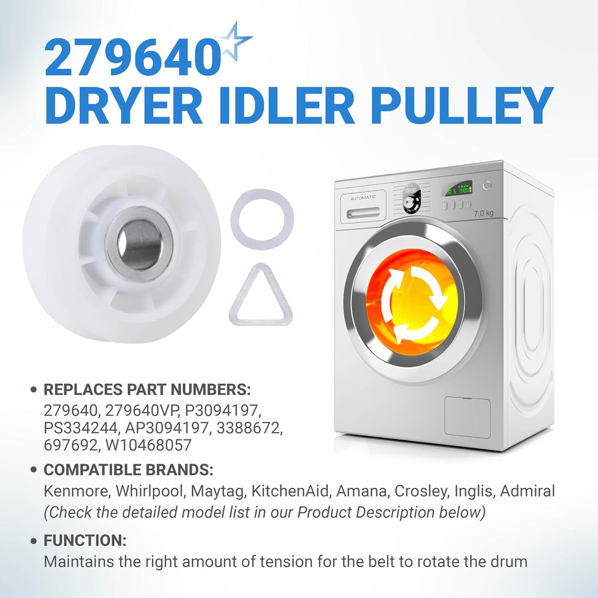 279640 Dryer Idler Pulley graphic showing the pulley, washer, triangle bracket, and front-loading dryer
