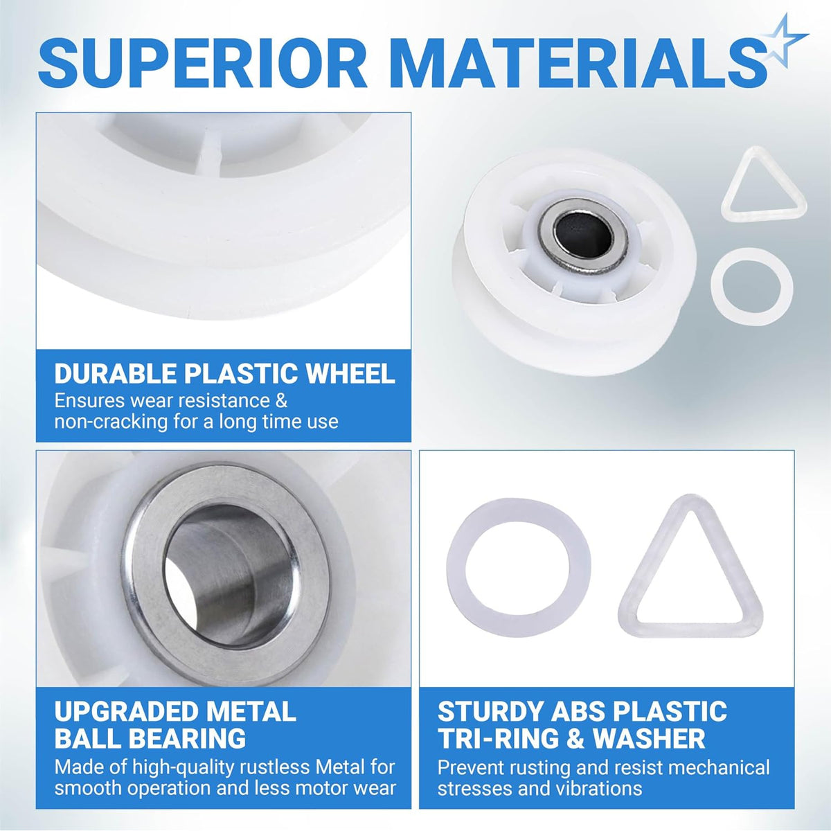279640 Dryer Idler Pulley Replacement showing plastic wheel, metal ball bearing, tri-ring and washer