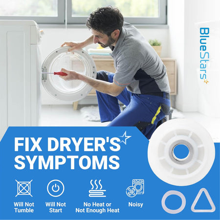 279640 Dryer Idler Pulley Replacement graphic showing a dryer repair and pulley with dryer symptom icons