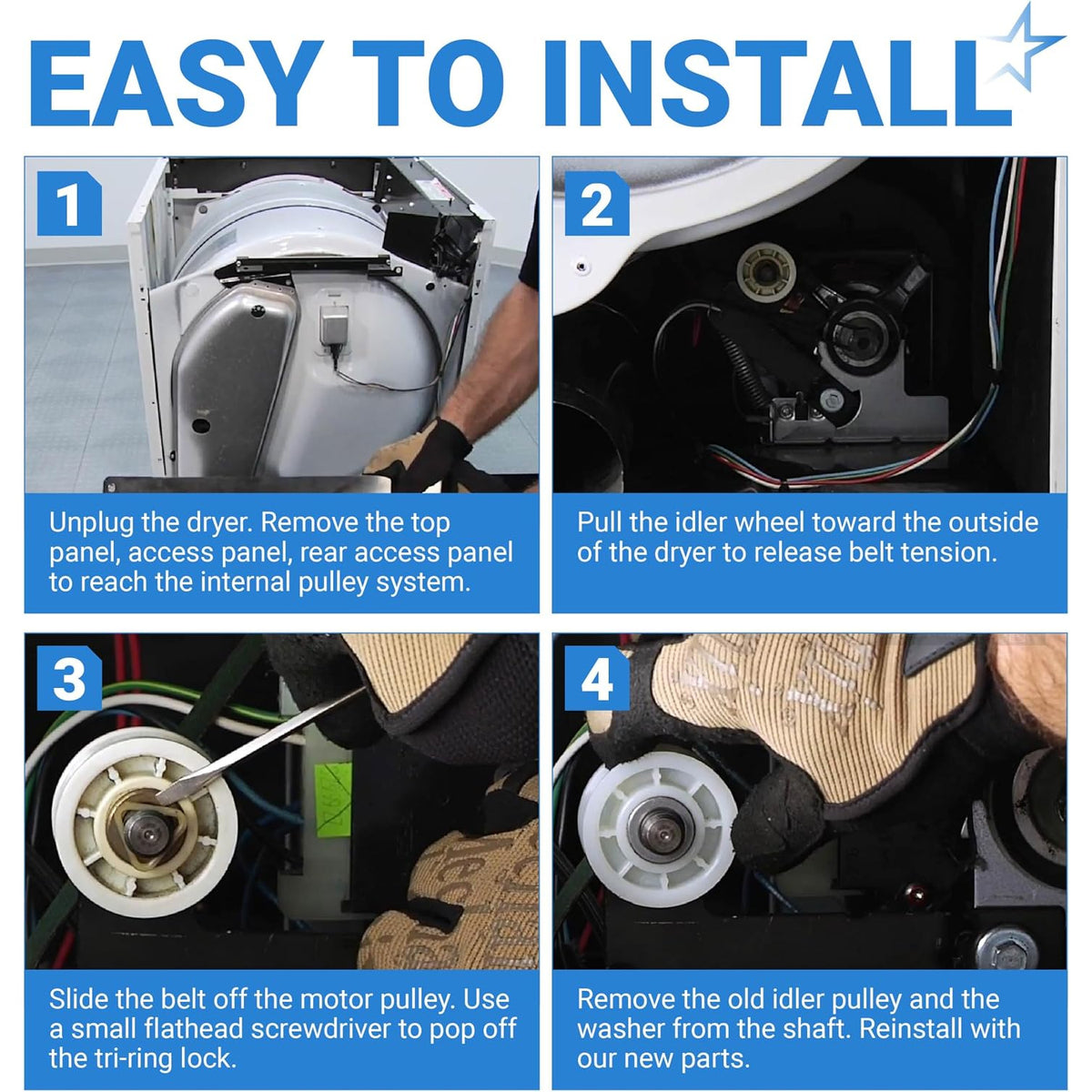 279640 Dryer Idler Pulley, four-panel installation guide showing dryer access, belt release, and old pulley removal