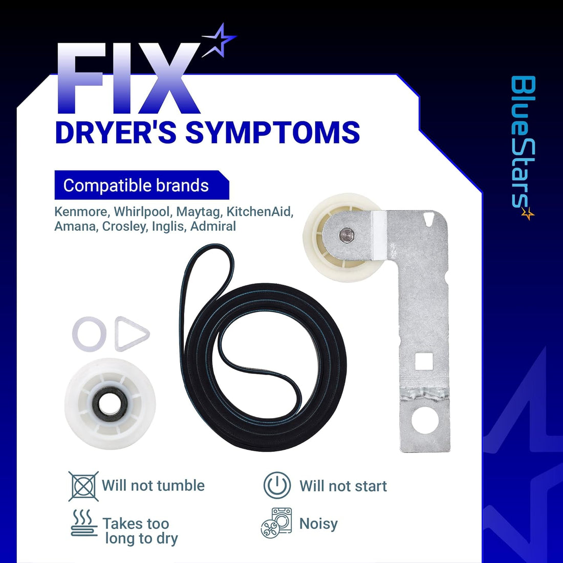 Dryer repair kit with drum belt, idler pulley, and bracket for Whirlpool, Maytag, and Kenmore dryers.