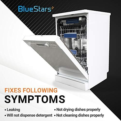White dishwasher with open door illustrating symptoms fixed by W10524920 rinse aid cap replacement.