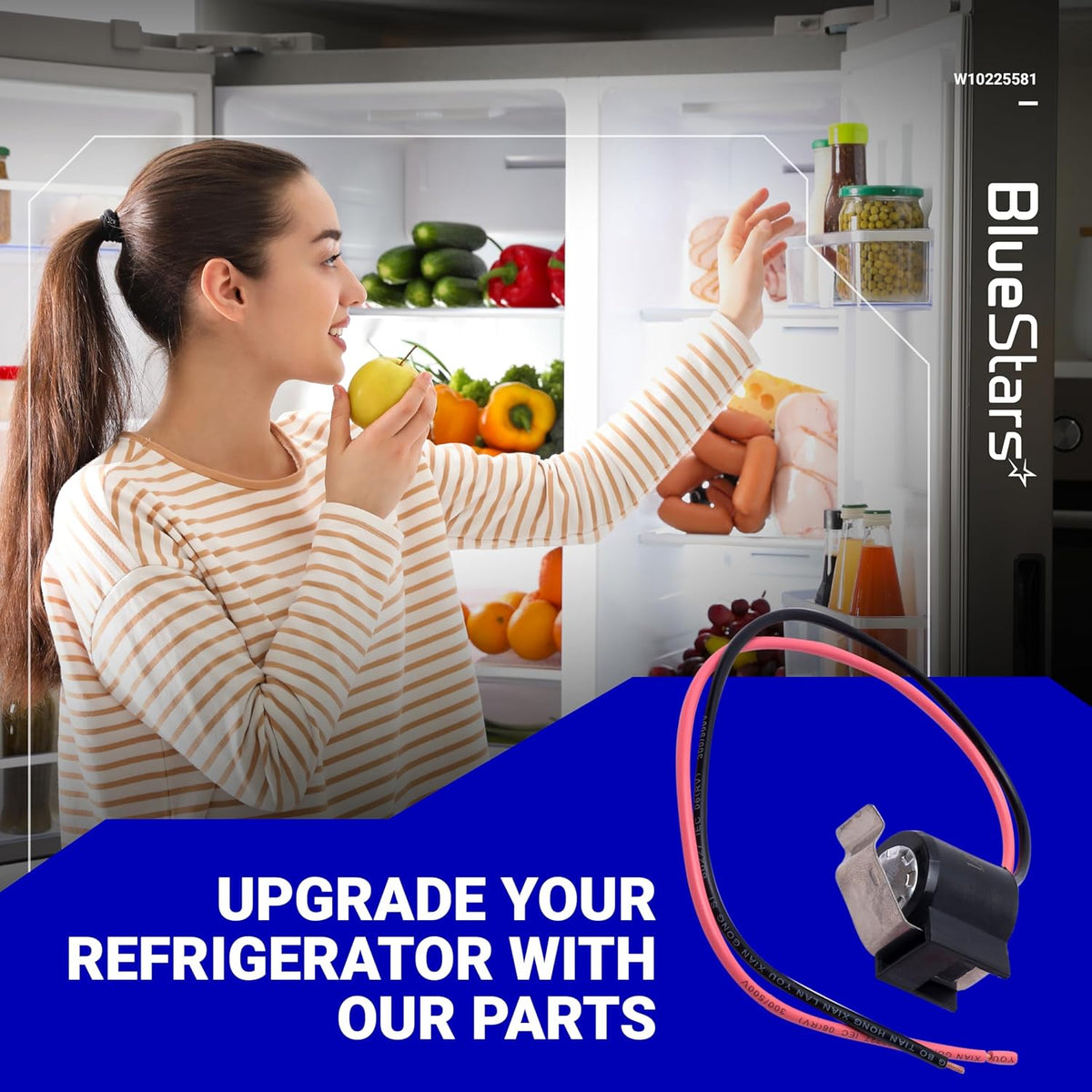 W10225581 refrigerator bimetal defrost thermostat replacement part shown in a lifestyle advertisement graphic.