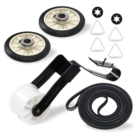 Dryer repair kit including belt, idler pulley, and drum rollers for Whirlpool and Kenmore dryers.
