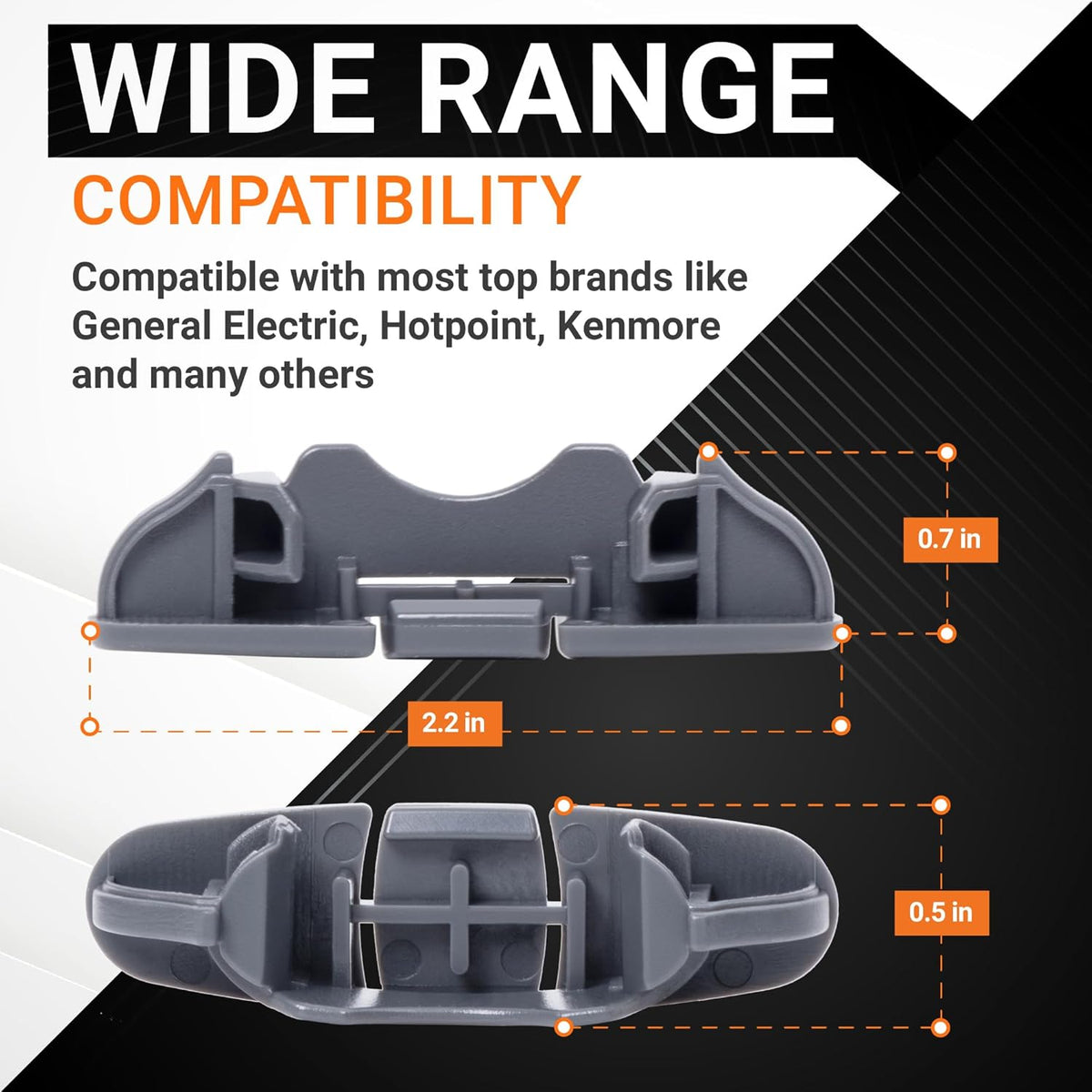 W10508950 dishwasher upper rack stop clip showing dimensions and compatibility information.