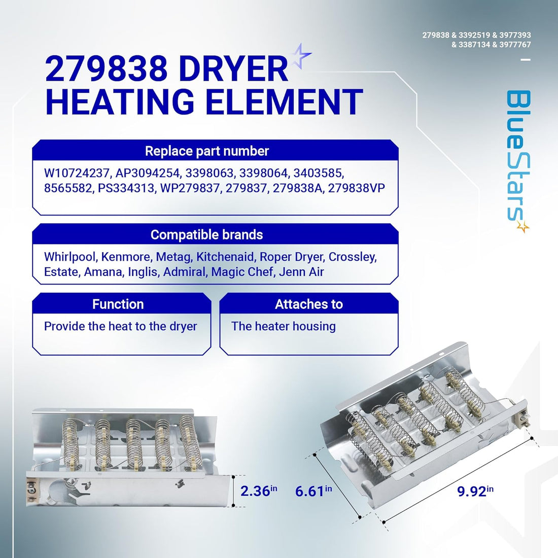 279838 dryer heating element replacement part with dimensions shown on an informational product specification graphic.