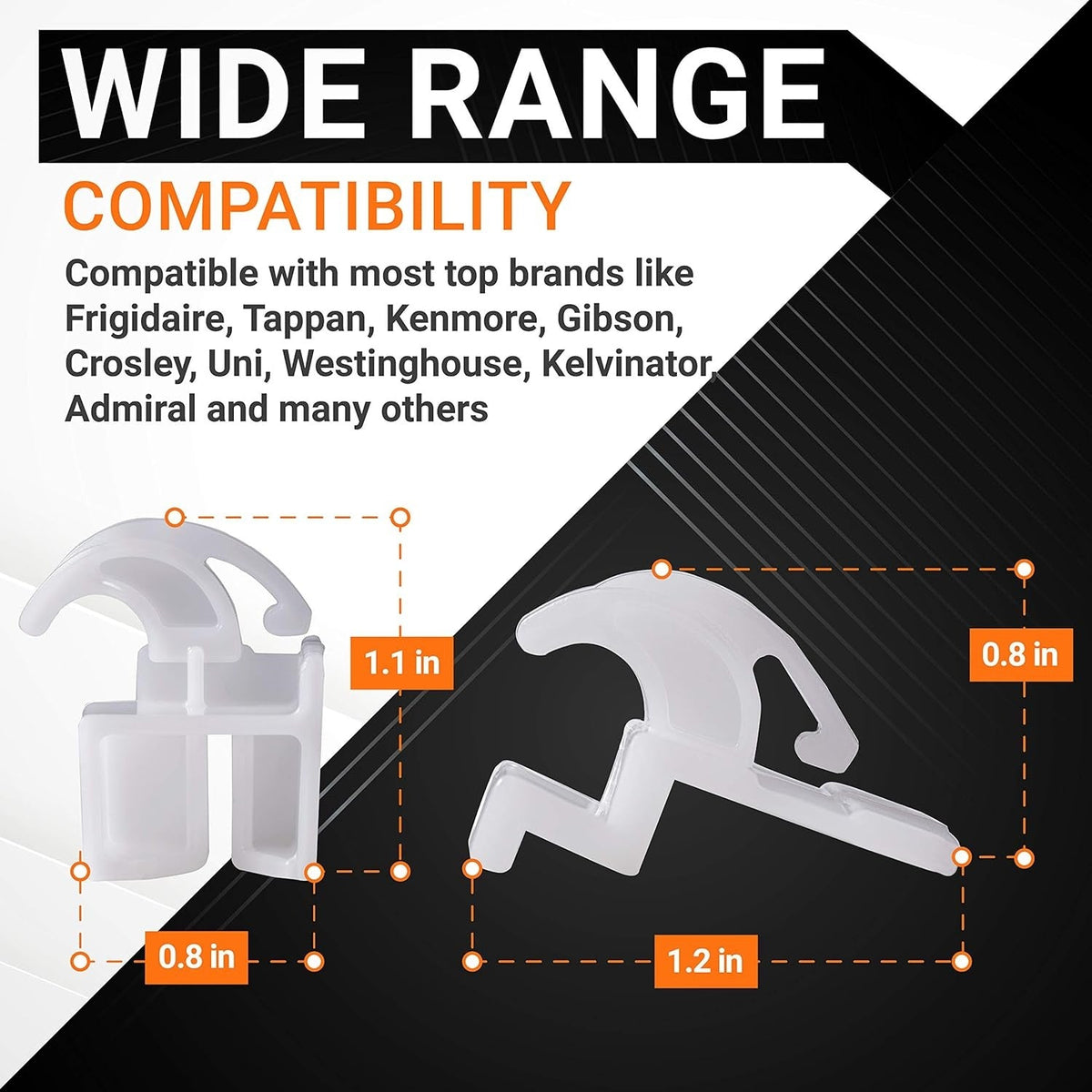 Dimensional diagram of range oven drawer glides showing 1.1 inch and 1.2 inch measurements for compatibility.
