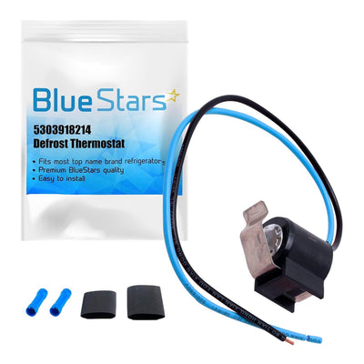 5303918214 refrigerator defrost thermostat with wire leads, heat shrink tubing, and connectors in BlueStars packaging.