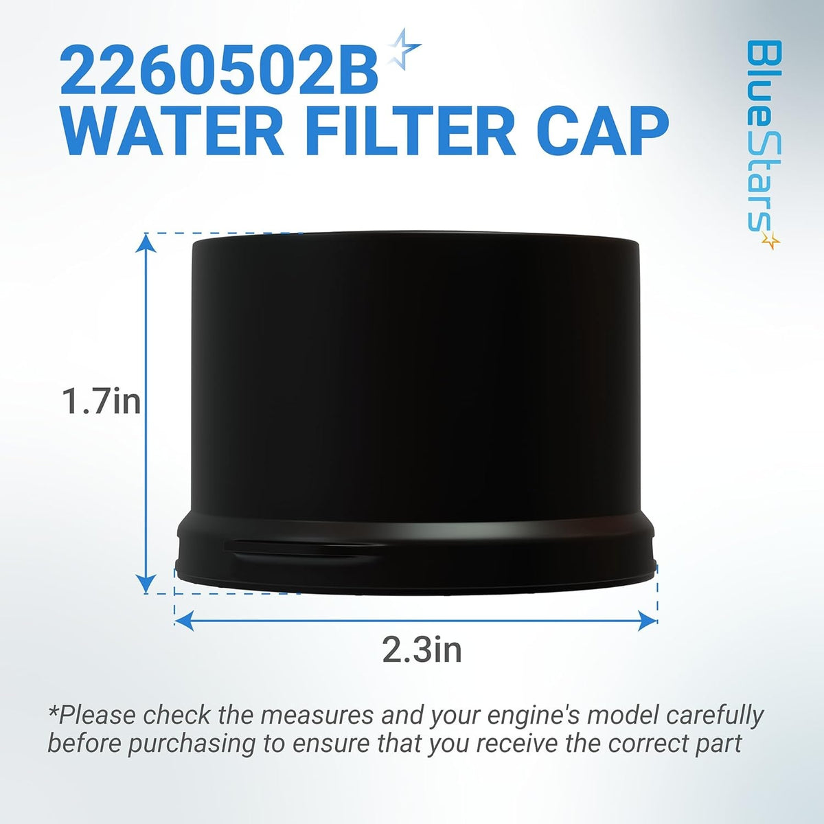 Black refrigerator water filter cap 2260502B with 1.7-inch height and 2.3-inch width dimensions.