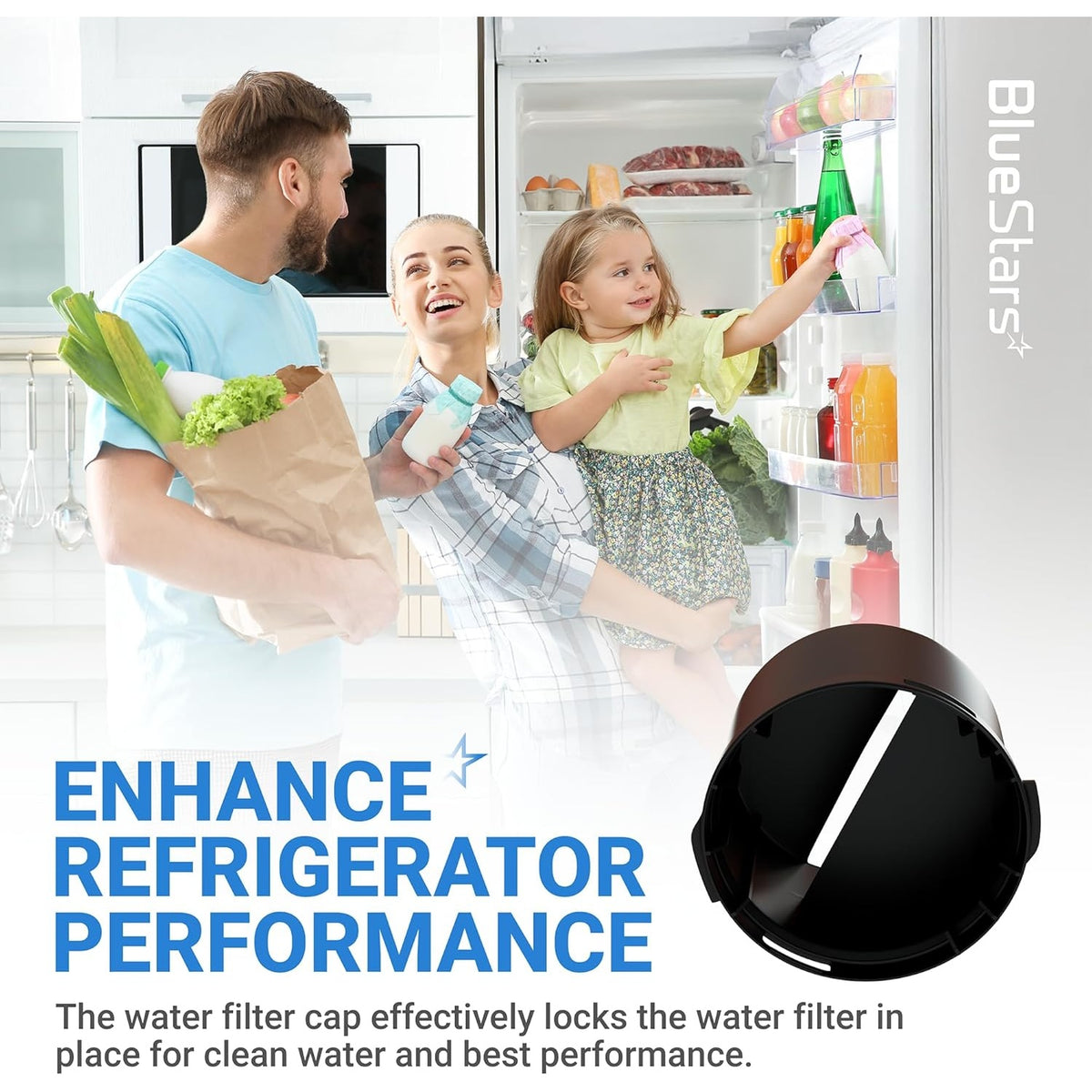 Black refrigerator water filter cap replacement for Whirlpool and Kenmore refrigerators.