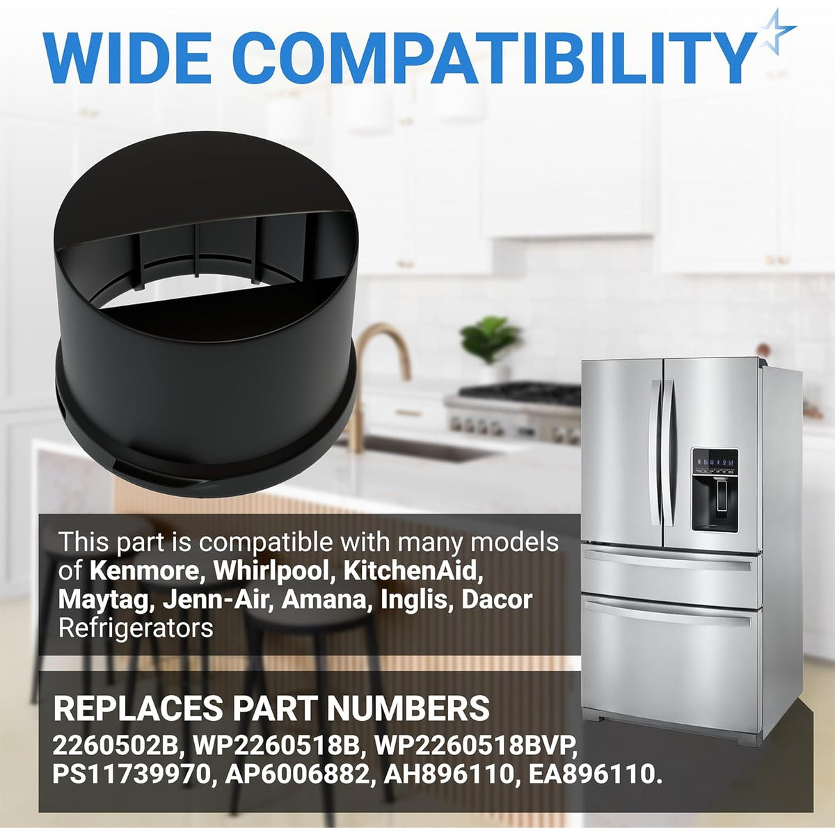 Black refrigerator water filter cap with compatibility text and refrigerator image for Whirlpool and Kenmore models.