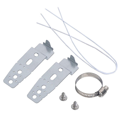 LG dishwasher mounting bracket kit including two metal brackets, screws, a hose clamp, and wire ties.