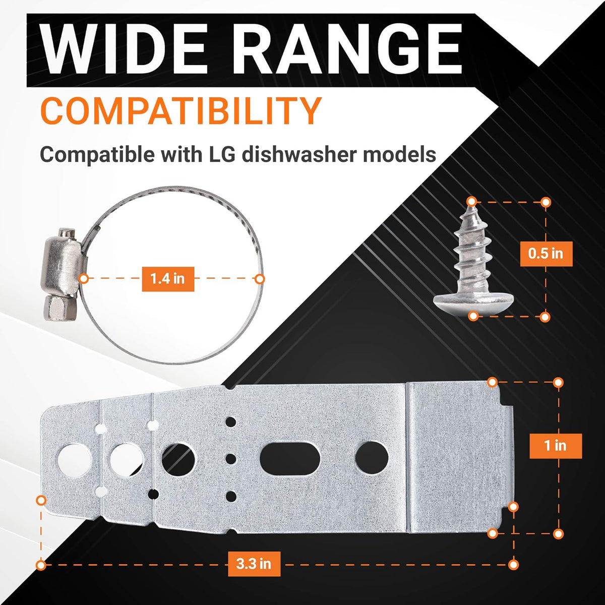 Infographic showing dimensions of LG dishwasher mounting bracket, hose clamp, and screw.