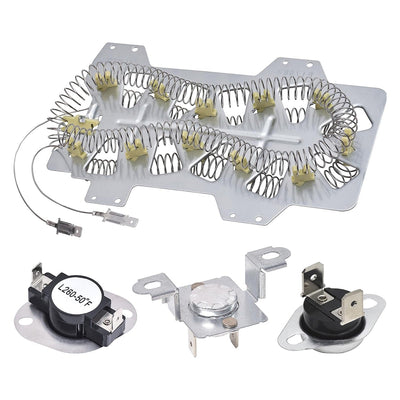 DC47-00019A dryer heating element assembly with thermal fuses and thermostats for Samsung dryers.