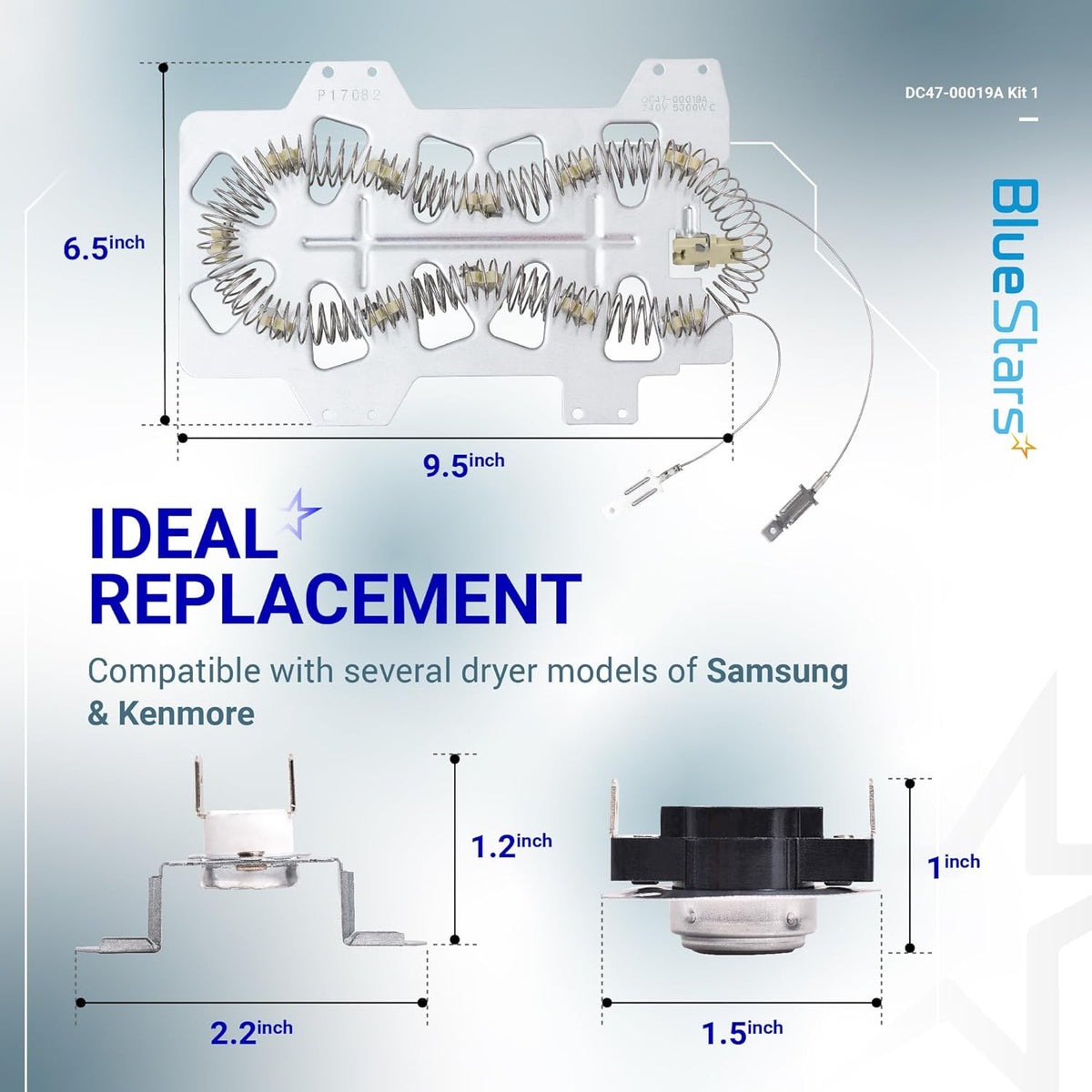 DC47-00019A dryer heating element kit for Samsung dryers with dimensional diagrams of heating coil and thermostats.