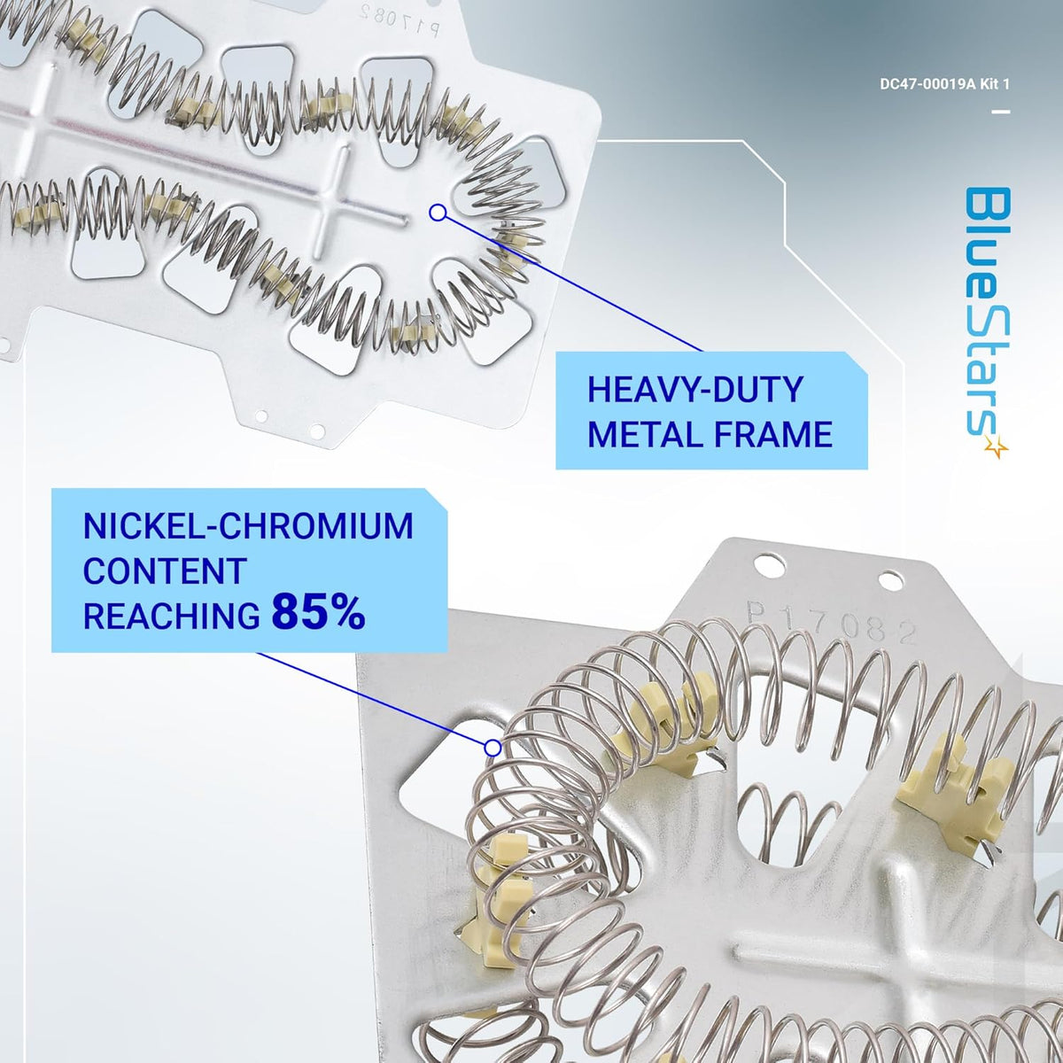Close-up of DC47-00019A Samsung dryer heating element showing metal frame and nickel-chromium heating coils.
