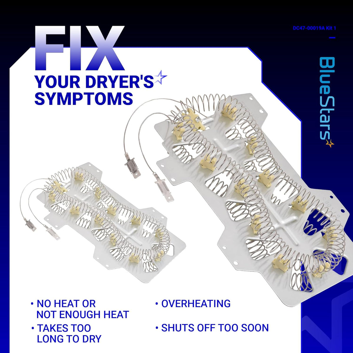 DC47-00019A heating element assembly for Samsung dryers showing two metal heating coils with ceramic insulators.