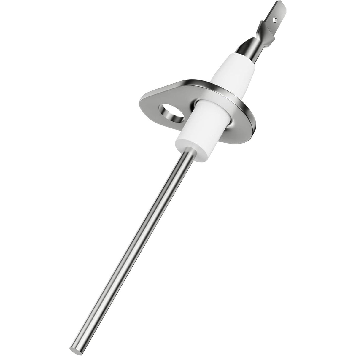0130F00010 furnace flame sensor with metal rod, white ceramic insulator, and mounting bracket.