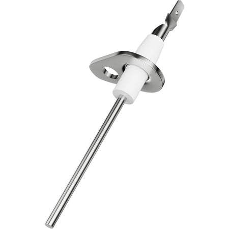 0130F00010 furnace flame sensor with metal rod, white ceramic insulator, and mounting bracket.