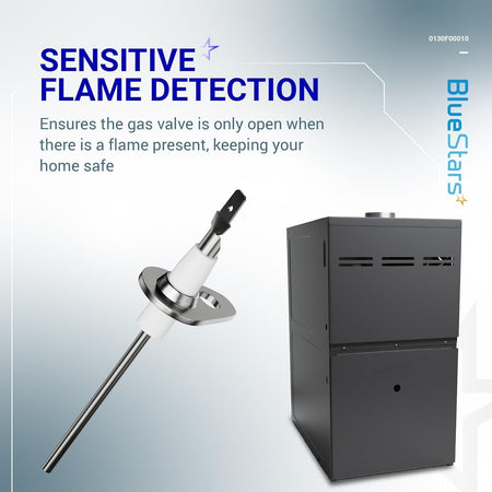 0130F00010 furnace flame sensor with mounting bracket and furnace unit for sensitive flame detection.