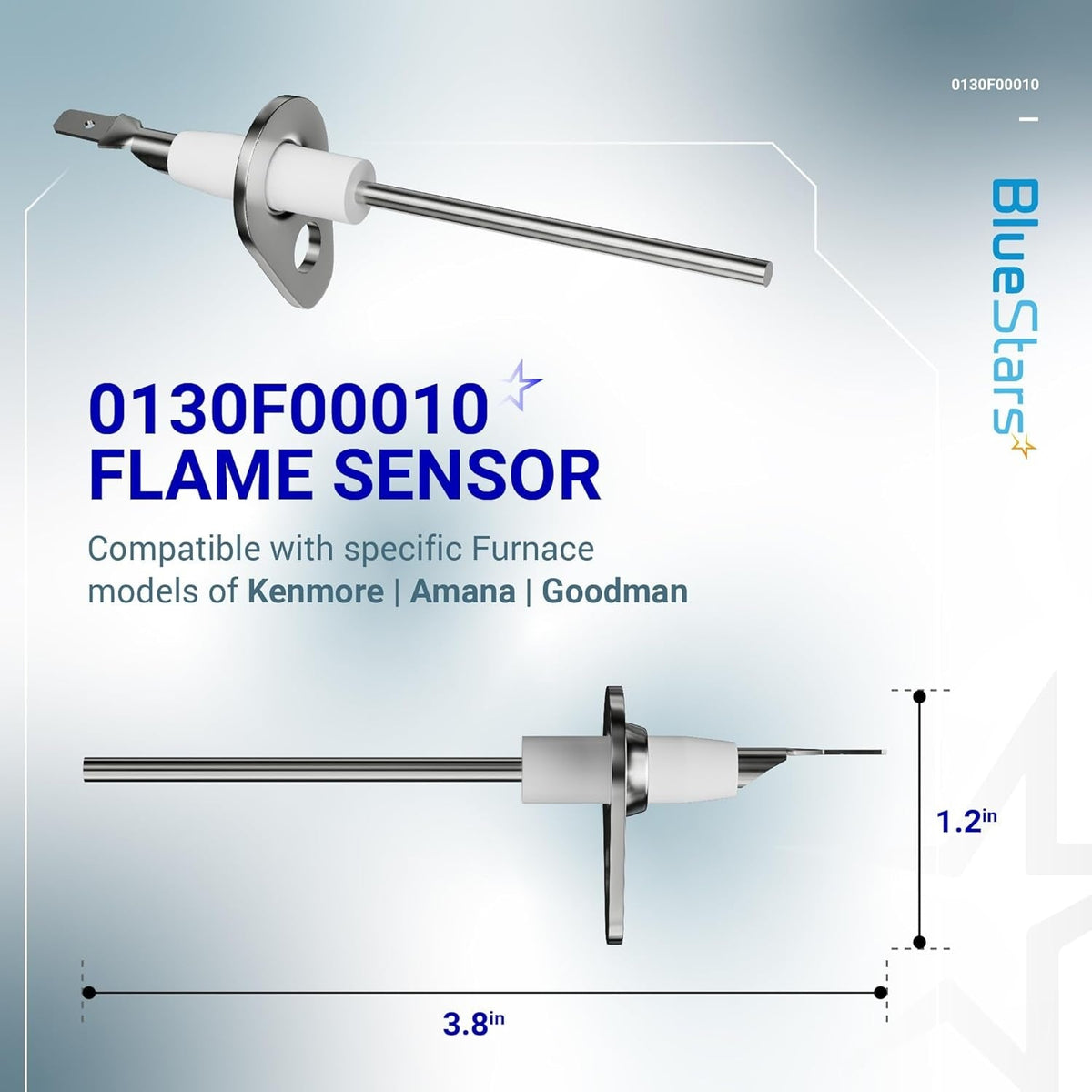 0130F00010 furnace flame sensor showing dimensions and compatible furnace brands.
