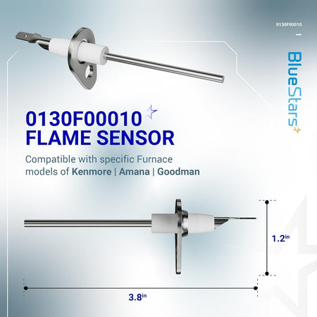 0130F00010 furnace flame sensor showing dimensions and compatible furnace brands.