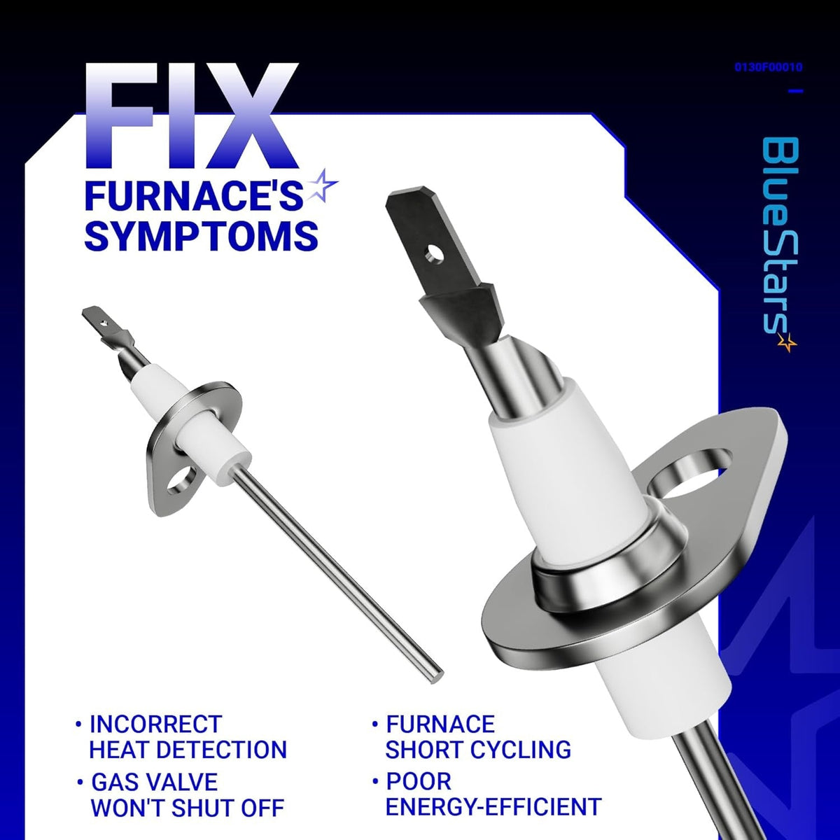0130F00010 furnace flame sensor showing two views of the metal rod and ceramic insulator assembly.