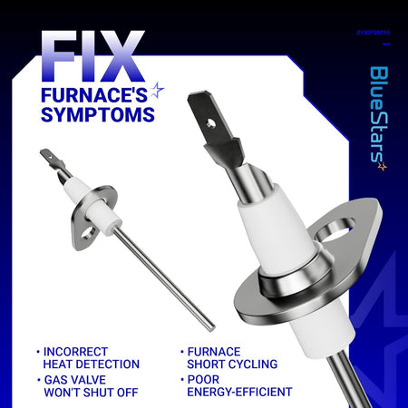 0130F00010 furnace flame sensor showing two views of the metal rod and ceramic insulator assembly.