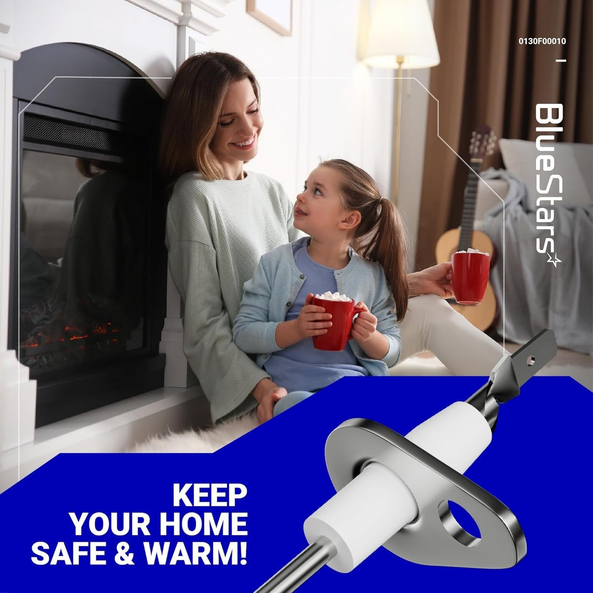 0130F00010 furnace flame sensor replacement part shown against a lifestyle background.