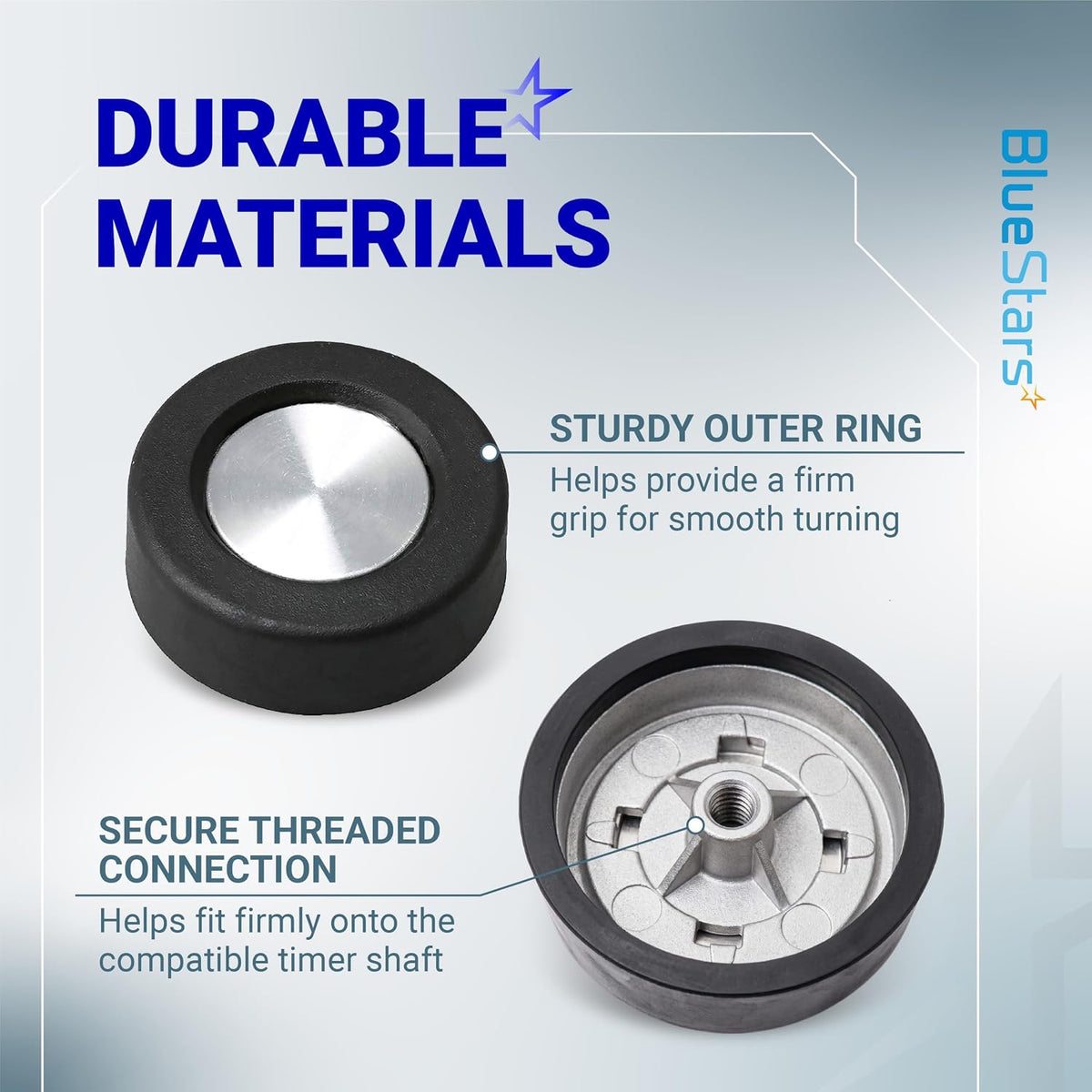 3362624 Washer Timer Knobs, front and underside views with labels for outer ring and threaded connection