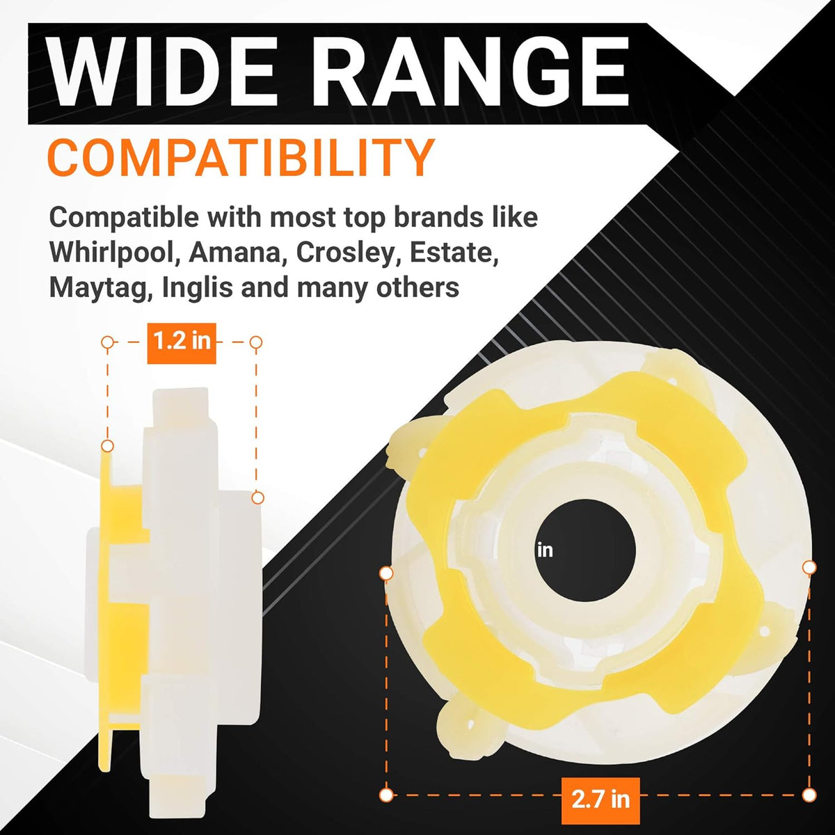 285809 washer agitator cam repair kit showing side and top view dimensions of 1.2 inches and 2.7 inches.
