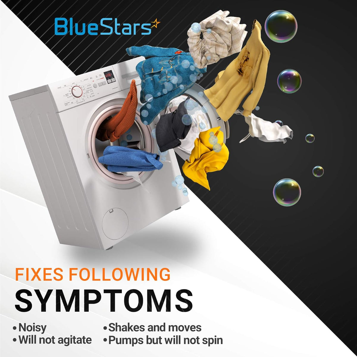 Graphic showing a washing machine with laundry and bubbles to illustrate symptoms fixed by the 285809 agitator repair kit.